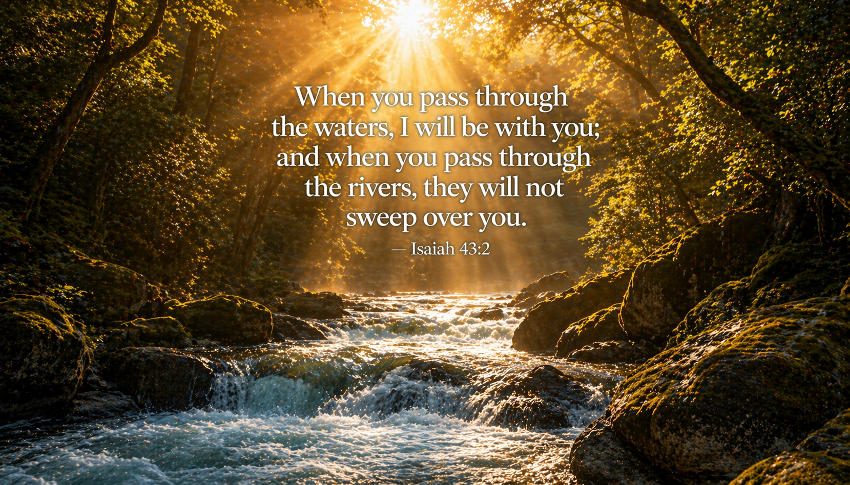 Rushing mountain river with golden light filtering through ancient forest trees mossy boulders -- Isaiah 43:2 pass through waters wallpaper